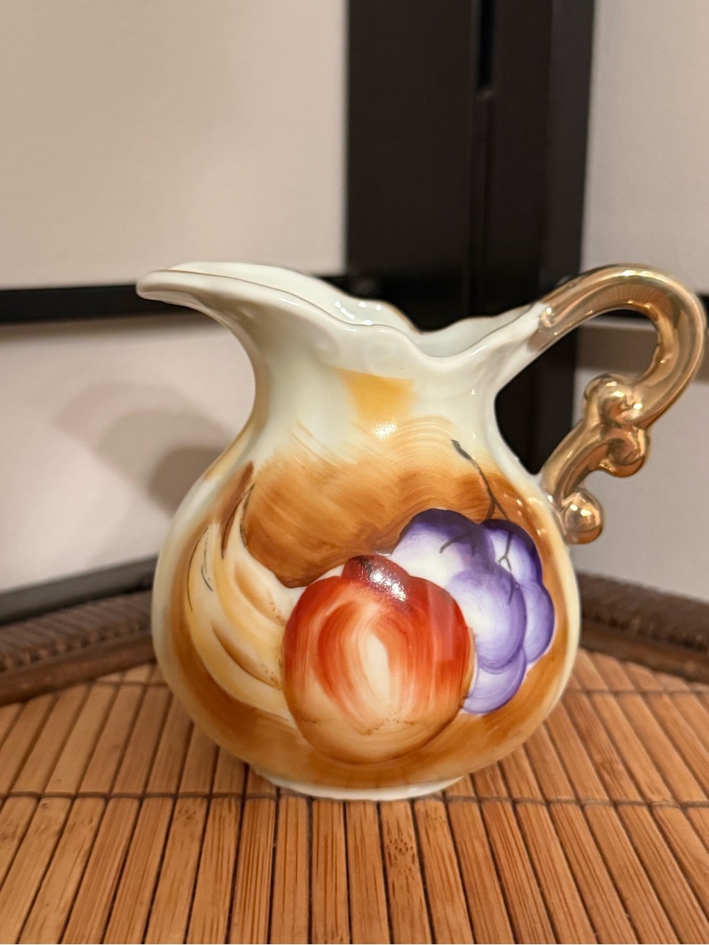 Vintage Japan Mini Porcelain Pitcher Hand Painted Fruit Gold Trim
